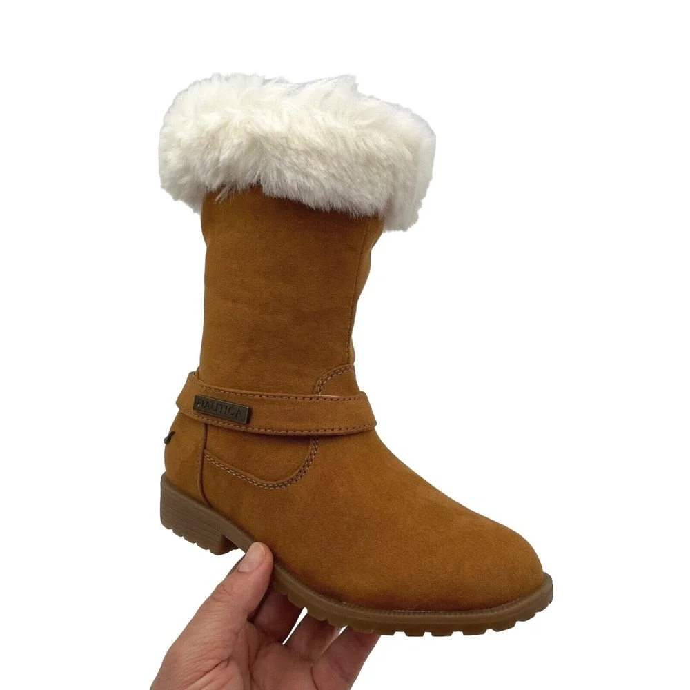Nautica Little Girls Fashion Tall Boots Size 13 Brown Vegan Suede Faux Fur Trim